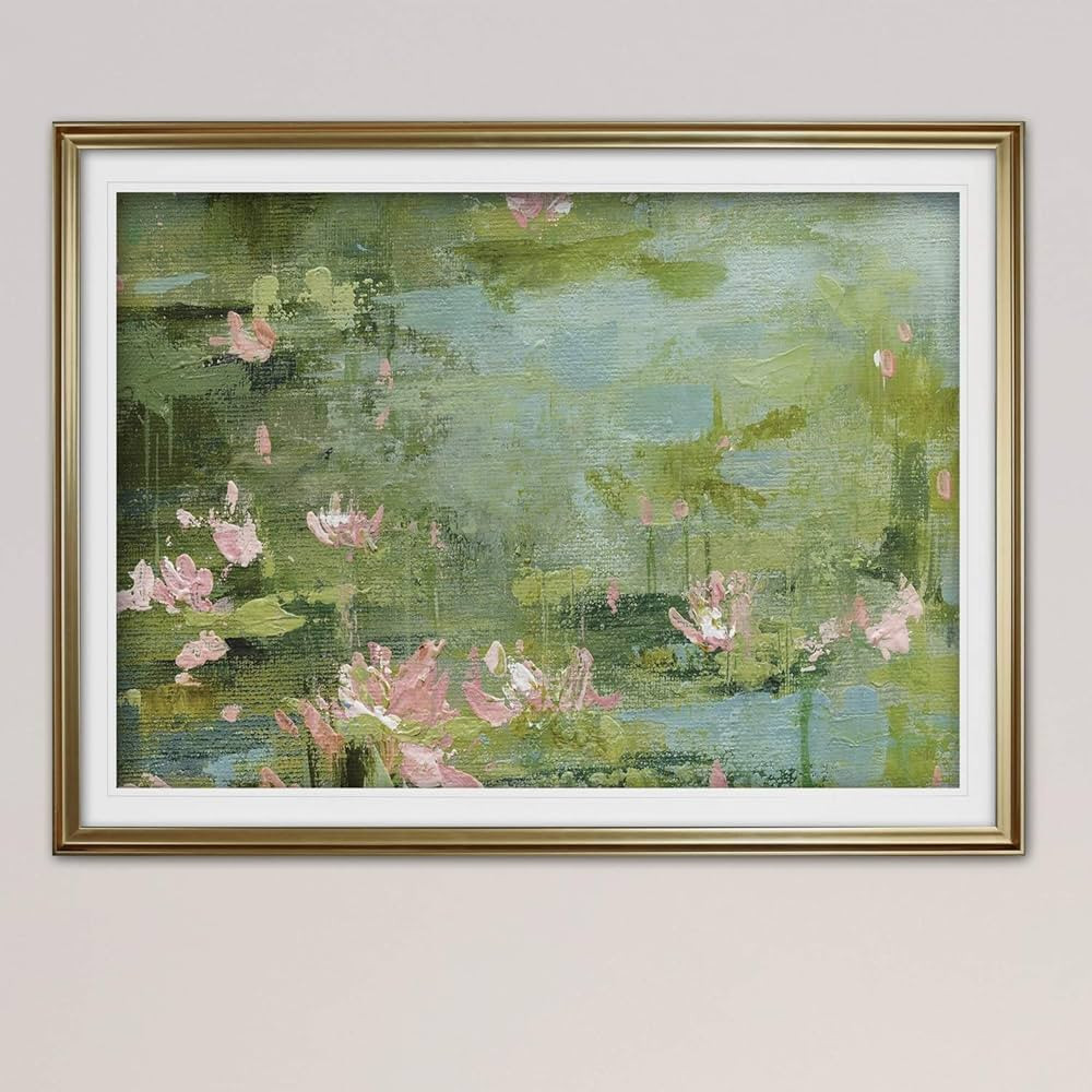 Renditions Gallery Flowers Wall Art Contemporary Paintings Pink Celadon Waterlilies Gold Frame Floral Lake Wall Hanging for Sitting Dining Room Office - 16"x19" | Amazon (US)