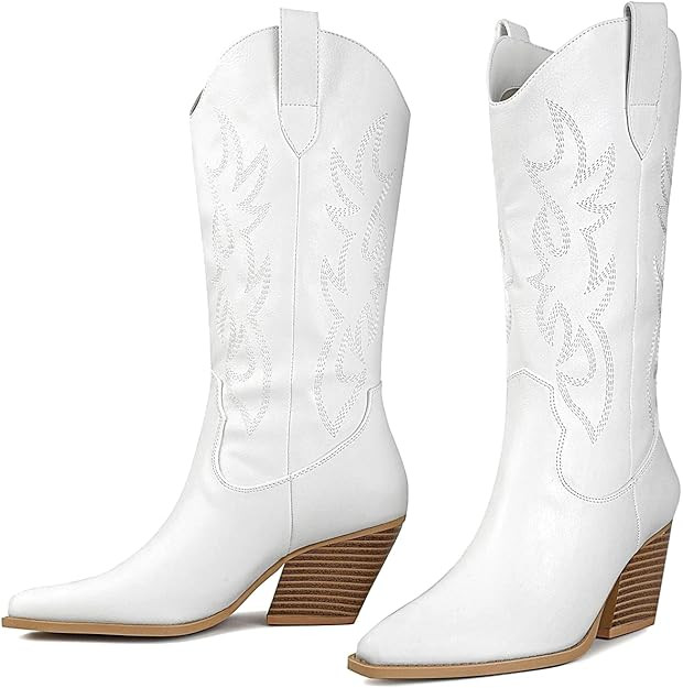 Mostrin Cowgirl Cowboy Boots Square Toe Mid-Calf Boot Chunky Block Heeled Pull On Western Boot | Amazon (US)