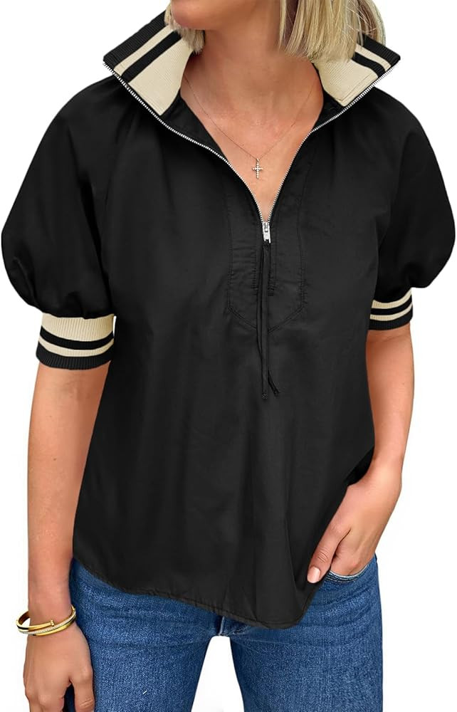 Tankaneo Womens Puff Sleeve Tops Blouse Color Block Half Zip V Neck Pullover Trendy Summer Casual... | Amazon (US)