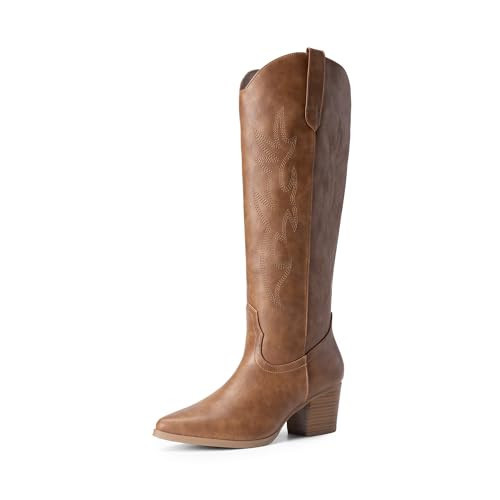 DREAM PAIRS Cowboy Boots for Women Cowgirl Knee High Boots Comfortable Pull On Zipper Chunky Heel Pointed Toe Embroidered Western Boots,Size 9.5,Brown,SDKB2410W | Amazon (US)