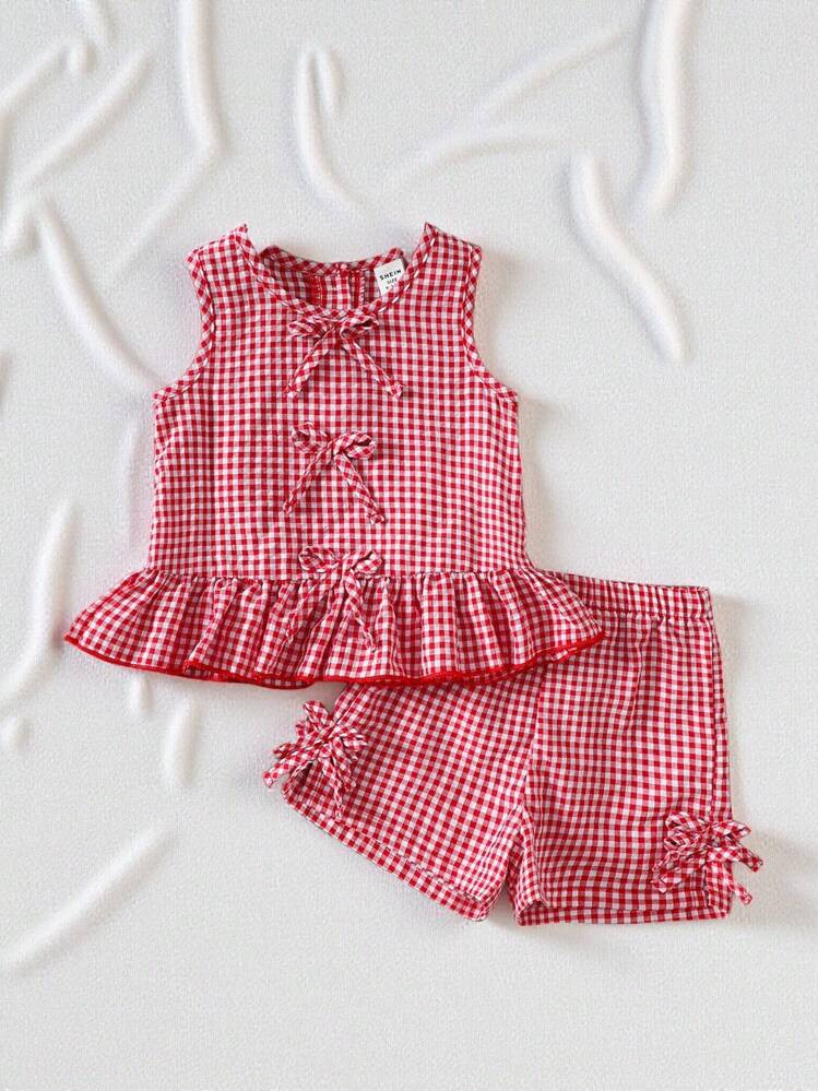 SHEIN Vintaside Kids 2 Pieces Baby Girl Cute Casual Plaid Strappy Camisole And Shorts Clothing Set For Outdoor Outings | SHEIN