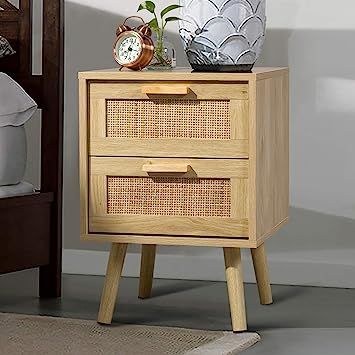 Finnhomy Nightstand, End Table, Side Table with 2 Hand Made Rattan Decorated Drawers, Wood Accent... | Amazon (US)