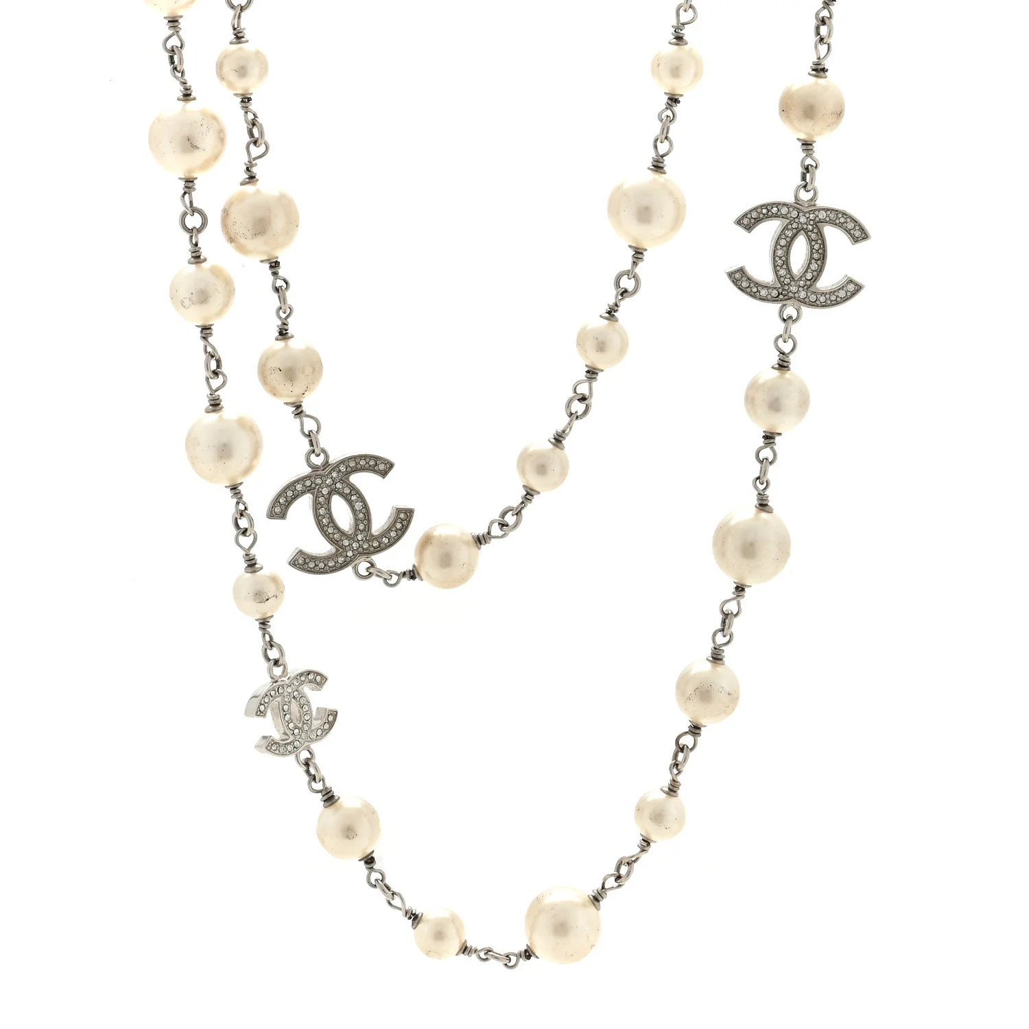 Graduated Pearl Crystal CC Long Necklace Silver | FASHIONPHILE (US)