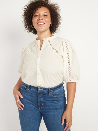 Puff-Sleeve Lace-Trim Clip-Dot Blouse for Women | Old Navy (US)