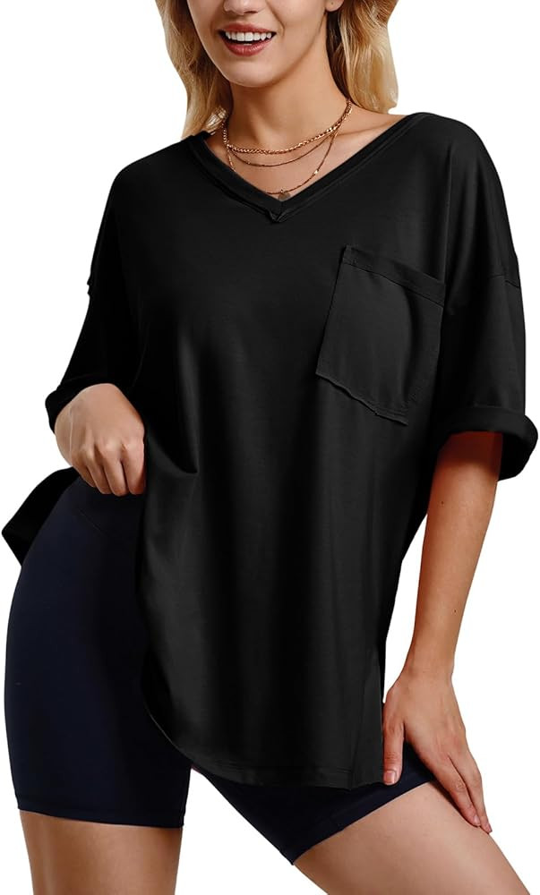EXLURA Womens 2024 Summer Oversized T Shirts Loose Fit Short Sleeve V Neck Tops Athletic Workout ... | Amazon (US)