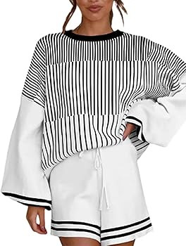 Arssm 2 Piece Sets for Women Casual Striped Long Sleeve Knit Crewneck Pullover and Short Wide Lou... | Amazon (US)