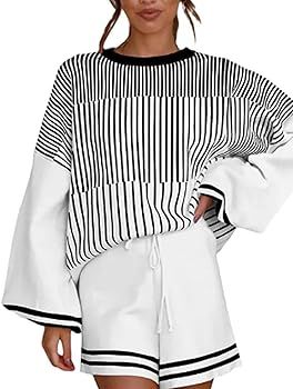 Arssm 2 Piece Sets for Women Casual Striped Long Sleeve Knit Crewneck Pullover and Short Wide Lou... | Amazon (US)