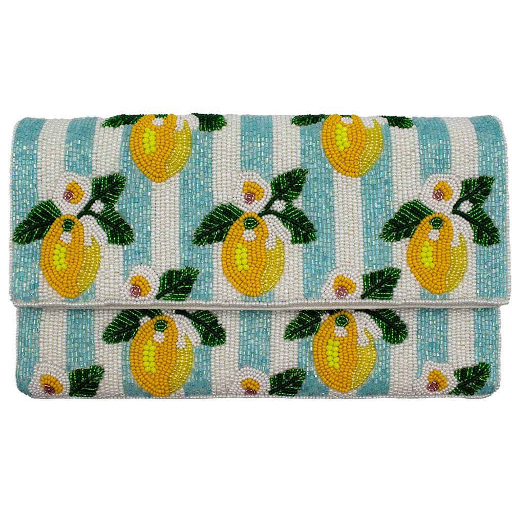 Ole - Lemon Blue Stripe Beaded Clutch | Sarah Cornwell Jewelry