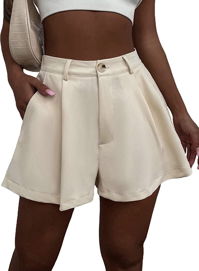 Verdusa Women's Elastic High Waist Pleated Wide Leg Shorts with Pocket | Amazon (US)