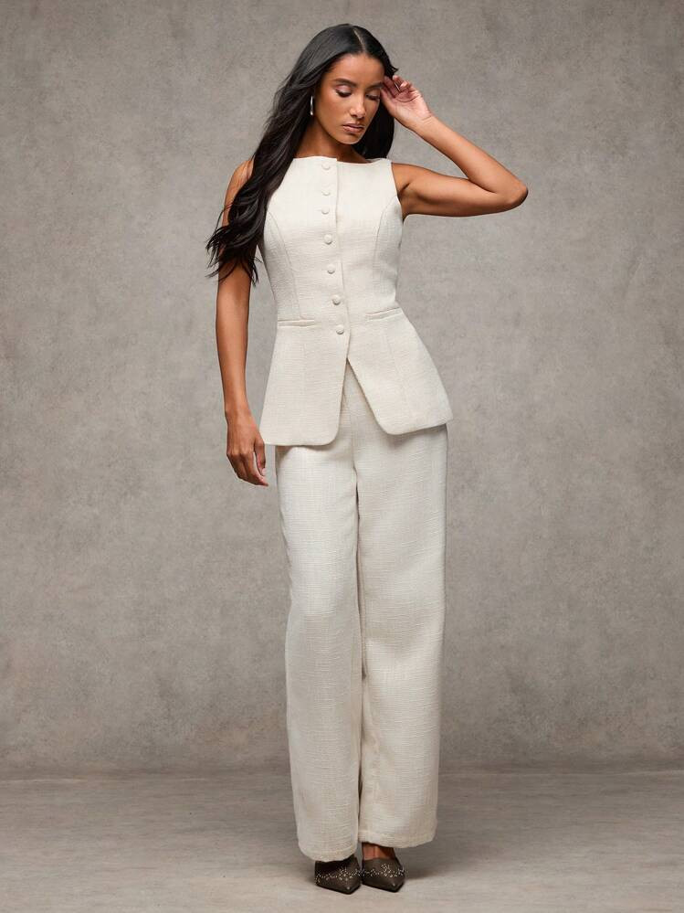 SHEIN BAE Women Lapel Front Button Sleeveless Blazer Jacket And Pants Elegant Suit Set | SHEIN