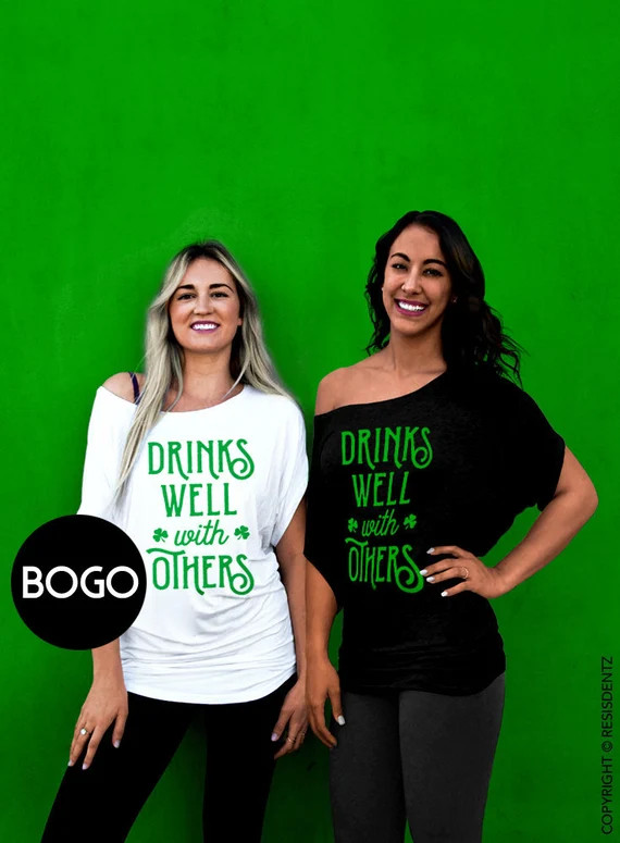BOGO St. Patricks Day Drinks Well With Others Off the Shoulder Slouchy Tee for Women, Irish St Pa... | Etsy (US)