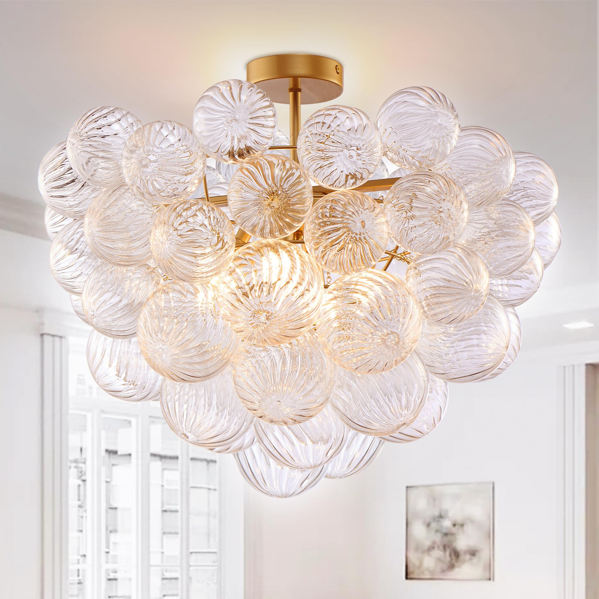 Semi Flush Mount Ceiling Bubble Ball Chandelier Lighting Dia 20 Inch Gold Clear Ribbed Blown Glas... | Amazon (US)