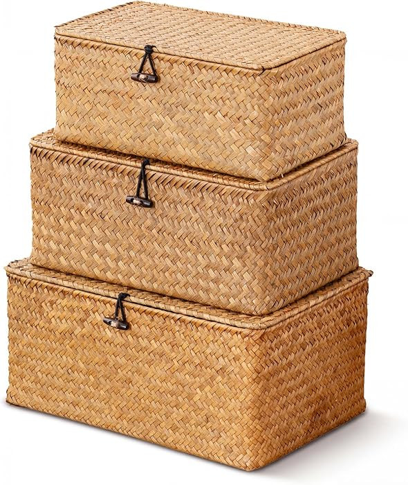 Nonam Wicker Storage Basket with Lid,Seagrass Shelf Basket Set of 3,Nautral | Amazon (US)