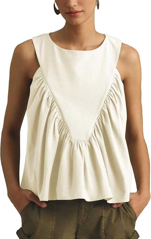 Hixiaohe Shirred Swing Tank Tops for Women Fashion Flowy Sleeveless Shirts Casual Crew Neck Blous... | Amazon (US)