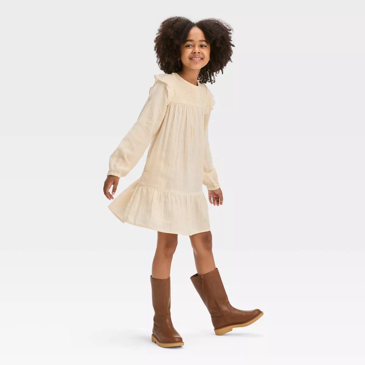 Girls' Long Sleeve Woven Dress - Cat & Jack™ Cream/Gold | Target
