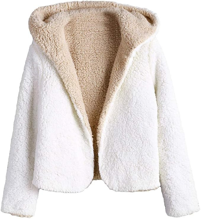 ZAFUL Womens Open Front Hooded Lamb Wool Coat Double Side Cardigan Jacket | Amazon (US)