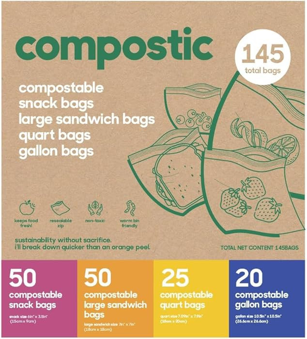 Compostic 100% Home Compostable Resealable Storage Bags (145 Count) – Plant-Based, Microwave & ... | Amazon (US)