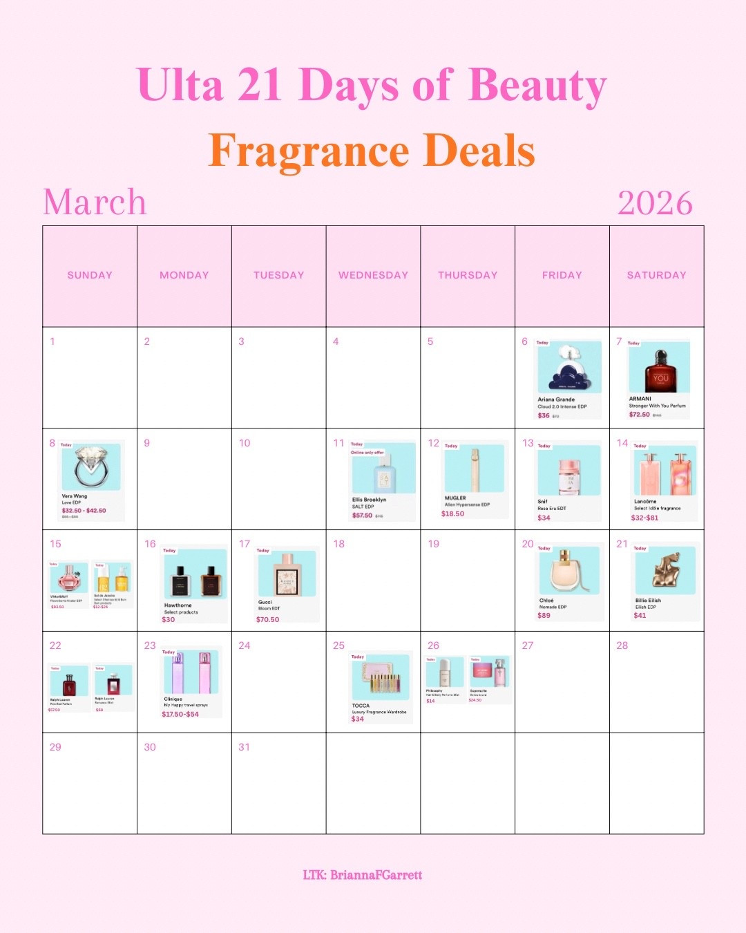 
Perfume lovers 👀

Ulta’s 21 Days of Beauty has several fragrance deals this month, so I made a quick calendar of the perfume sale days. 😍

Save this if you’re planning to shop the fragrance deals, and everything featured is linked here for easy shopping. 🛍️💕

#LTKSaleAlert #LTKSpringSale #LTKBeauty