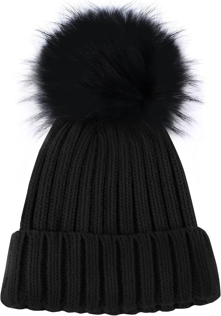 CACUSS Beanies Women with Pom Winter Hat with Fuzzy Fur Pom Thick Cable Knit Ski Beanie Warm Skul... | Amazon (US)