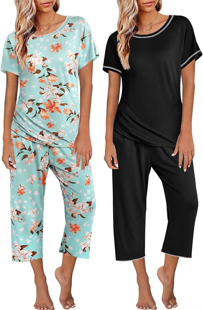 Ekouaer 2 Pack: Womens Pajamas Short Sleeve Sleepwear Tops and Capri Pants Pjs Print Pajama Sets | Amazon (US)