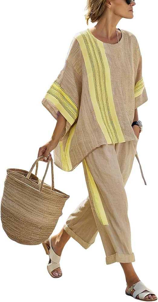 chouyatou Womens 2 Piece Outfits Cotton Short Sleeve Tops and Elastic Waist Crop Wide Leg Pants L... | Amazon (US)