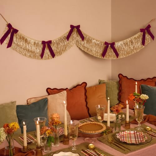 xo, Fetti Gold Fringe + Red Velvet Bow Banner 6 Ft. | Bachelorette Decoration, Christmas Party Sign, Bridal Shower Decor, Birthday Photoshoot Backdrop | Amazon (US)