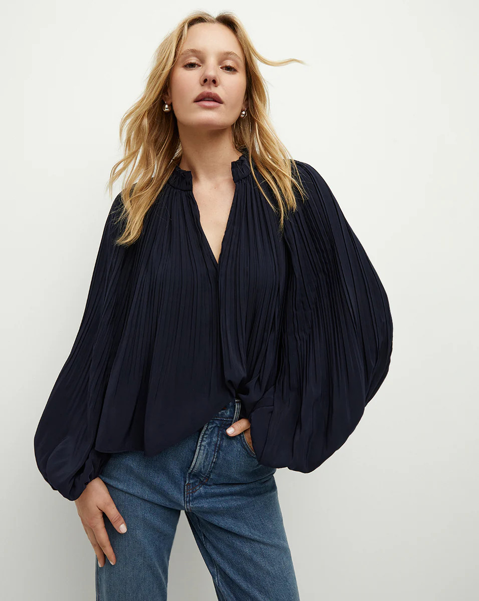Walker Pleated Top in Navy | Veronica Beard | Veronica Beard