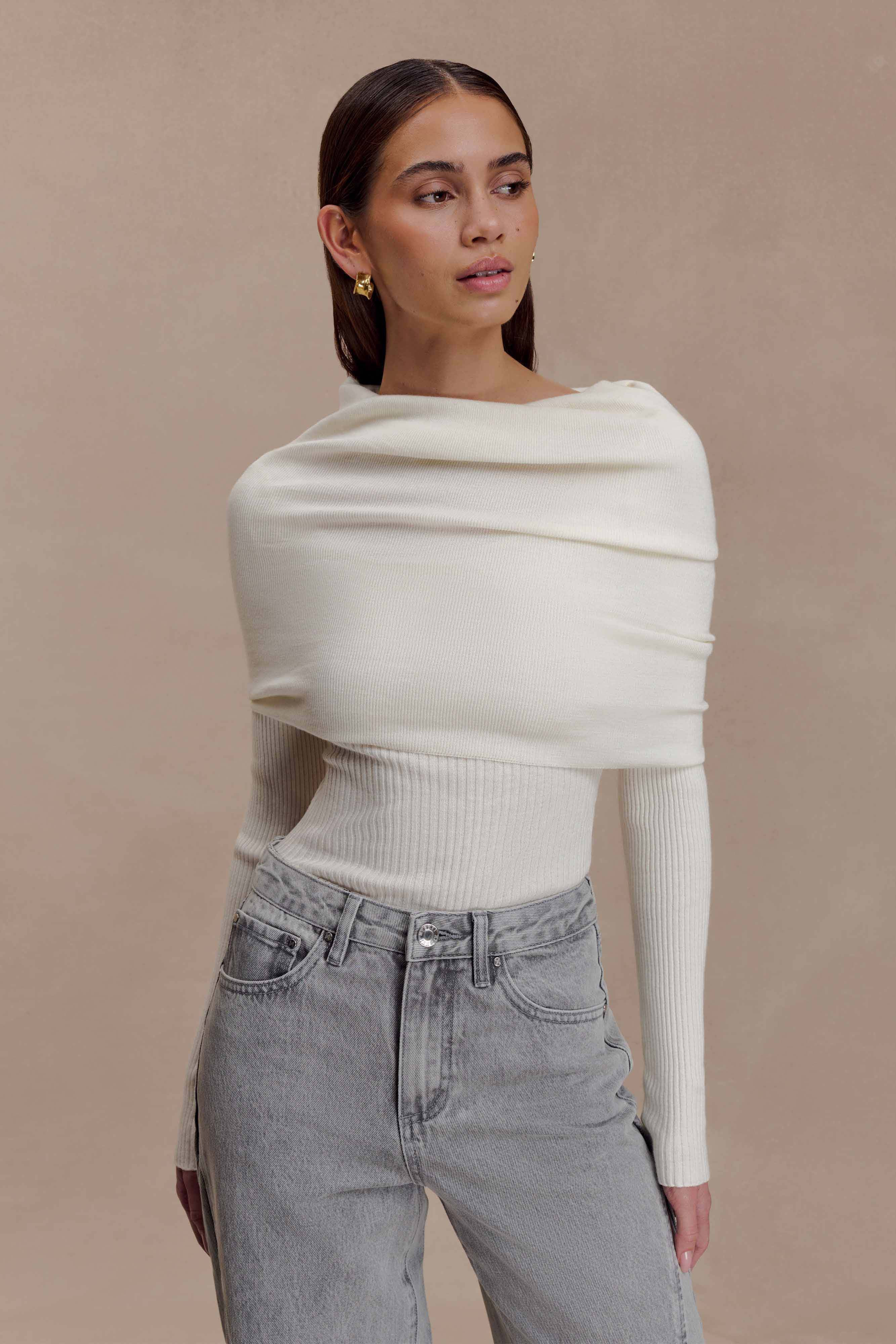 Mazie Asymetrical Cashmere Blend Long Sleeve Knit Top - Ivory | MESHKI US