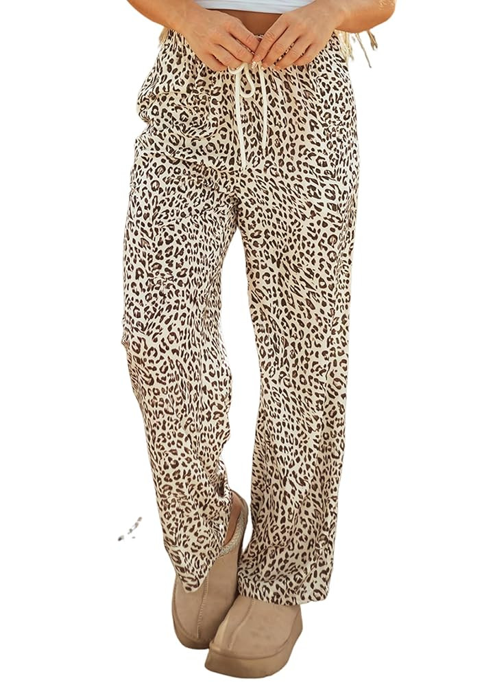 Womens Leopard Print Pants Elastic Waist Drawstring Pants Fall Loose Fiffting Lightweight Casual ... | Amazon (US)