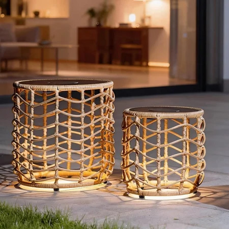 Tappio Solar Nesting Tables with Built-in Light Set of 2, Tempered Glass Top End Table with Coated Steel Frame, All-Weather Wicker Bistro Side Tables for Patio, Porch, Garden, Indoor | Walmart (US)