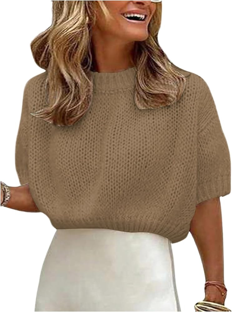 GORGLITTER Women's Puff Sleeve Crewneck Knit Shirt Top Short Sleeve Solid Loose Sweater | Amazon (US)