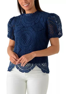 Ultra Pink Women's Puff Sleeve Scallop Hem Crochet Top, Navy Blue, Small | Belk