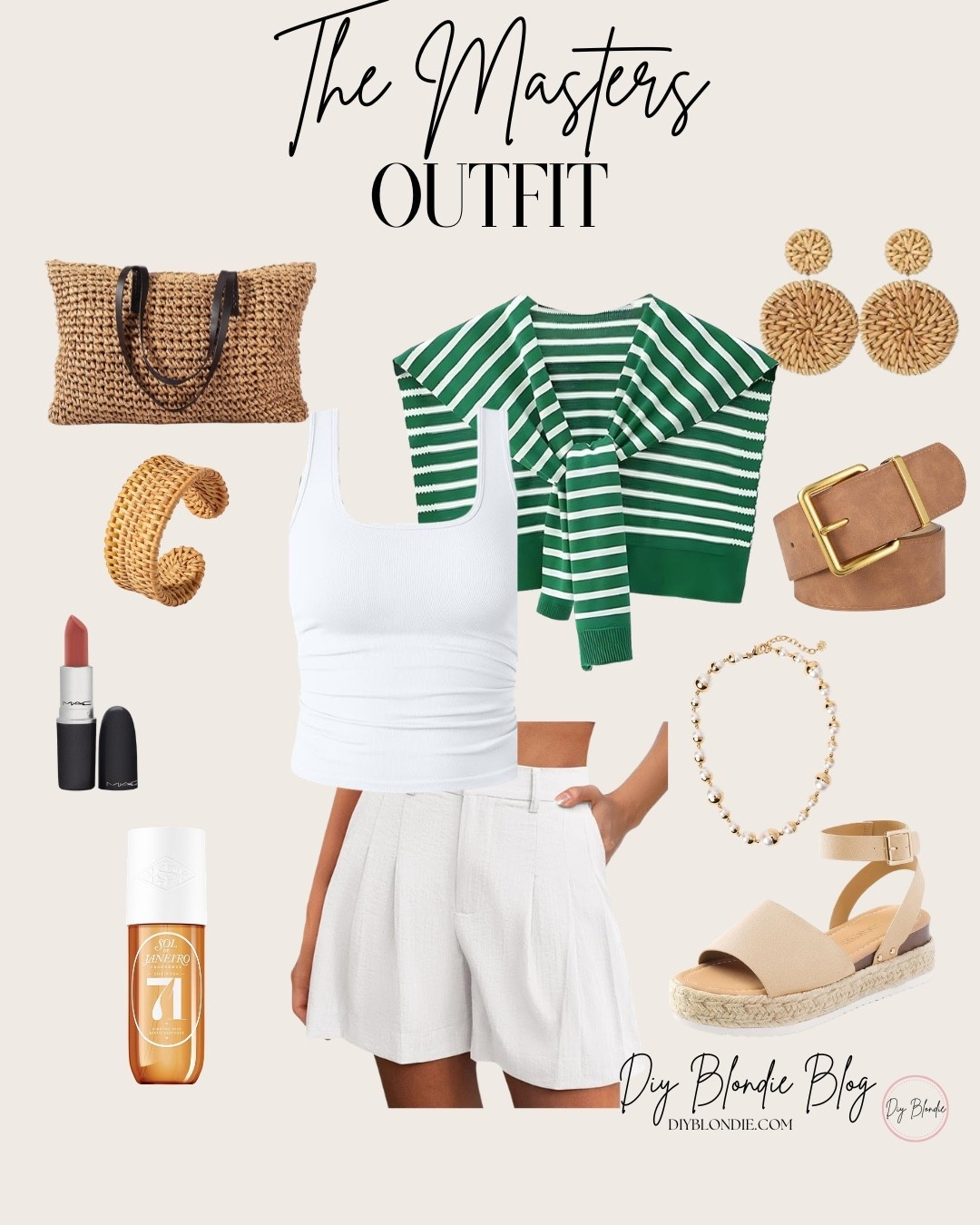 Easy Masters style 💚 This classic green and white outfit is perfect for tournament week or any spring day. I paired crisp white shorts with a fitted tank and a striped sweater layered over the shoulders for that effortless preppy look. Finished it with neutral accessories, espadrille sandals, and woven textures for a polished Southern vibe. Linking everything here!