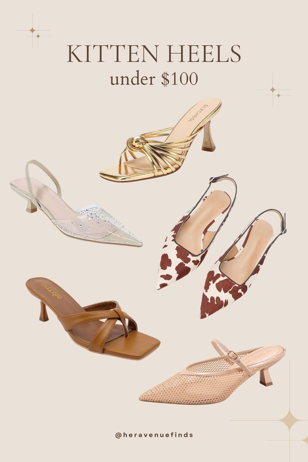 Kitten heels are having a real moment right now and honestly it makes sense. They give you the polish of a heel without wrecking your feet by 2pm, and the styles available this spring are genuinely good.
Starting with the clear rhinestone slingback: transparent pointed toe, slim elastic slingback, and scattered rhinestone detail that catches light without being over the top. These work for weddings, garden parties, or anywhere you want to look like you thought about your shoes. Next is the cow print pointed toe slingback, a low heel with clean lines that makes a statement through the print rather than the height. Then there's the blush mesh pointed pump with a delicate ankle strap, the kind of shoe that photographs beautifully and reads a little more special than a plain pump would. The gold multi-strap knotted sandal with a square open toe is the most vacation-ready of the bunch, slip-on style, sculptural heel, pairs well with linen or a flowy maxi. And the tan leather crossover mule is the one you'll reach for constantly, square toe, kitten heel, no buckles or straps, just slides on and looks polished with almost anything.
Five very different personalities, same heel height. One of them is probably already your style. 

 