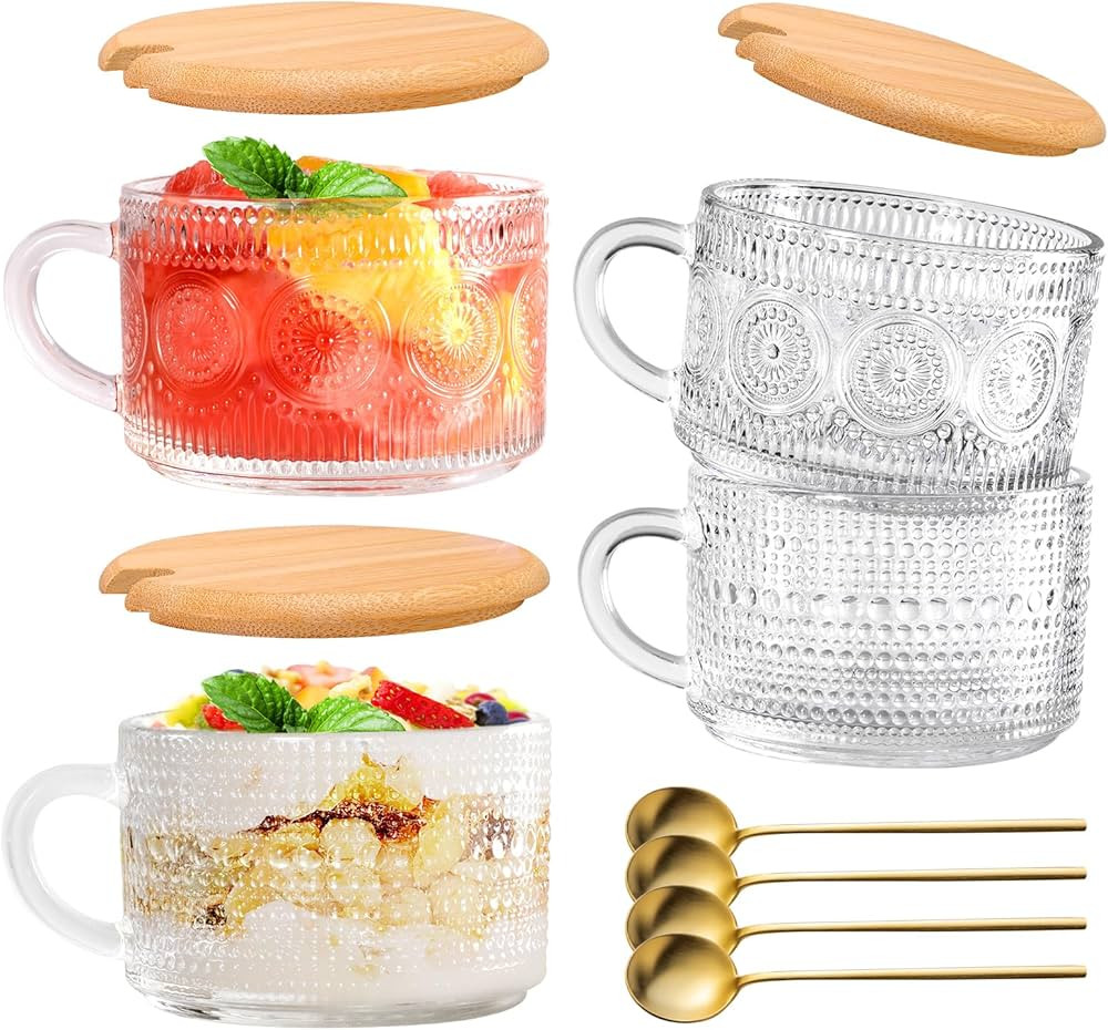 Qmioti Vintage Glass Coffee Mugs 4 Pack, 14 oz Glass Coffee Tea Cups with Lid and Golden Spoons, ... | Amazon (US)