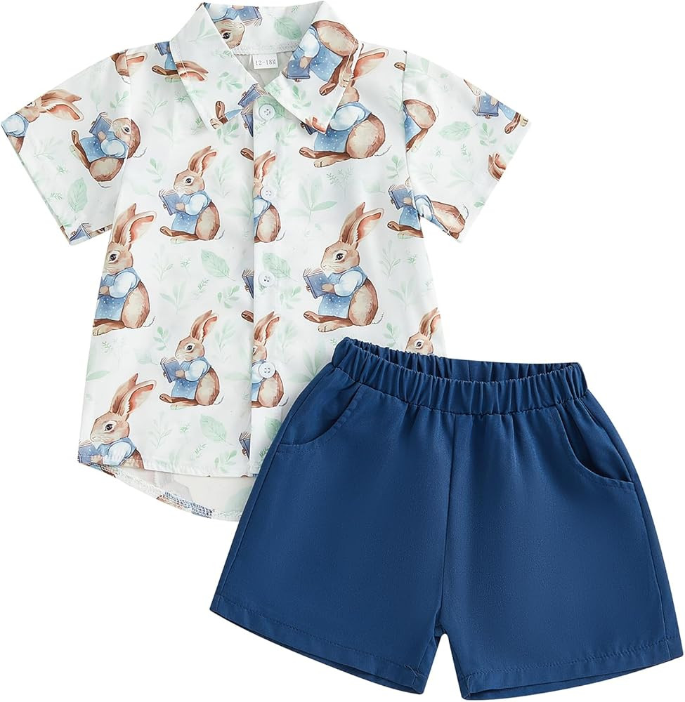 Toddler Baby Boy Easter Outfit Short Sleeve Button Down Shirt Elastic Waist Shorts Set Infant Boy... | Amazon (US)