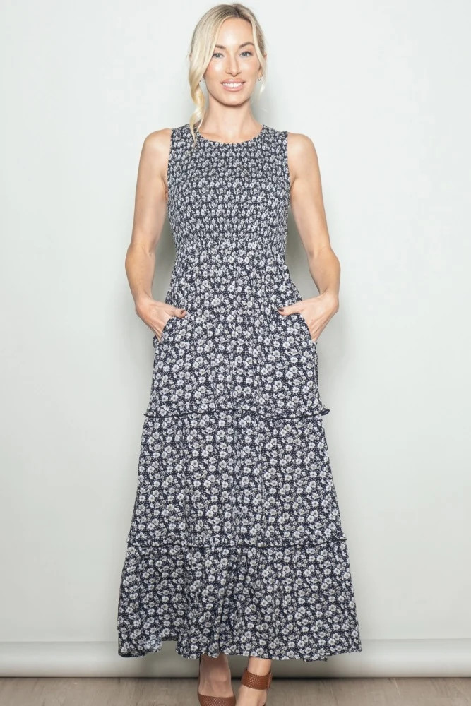 Black Floral Smocked Sleeveless Tiered Maxi Dress | PinkBlush Maternity