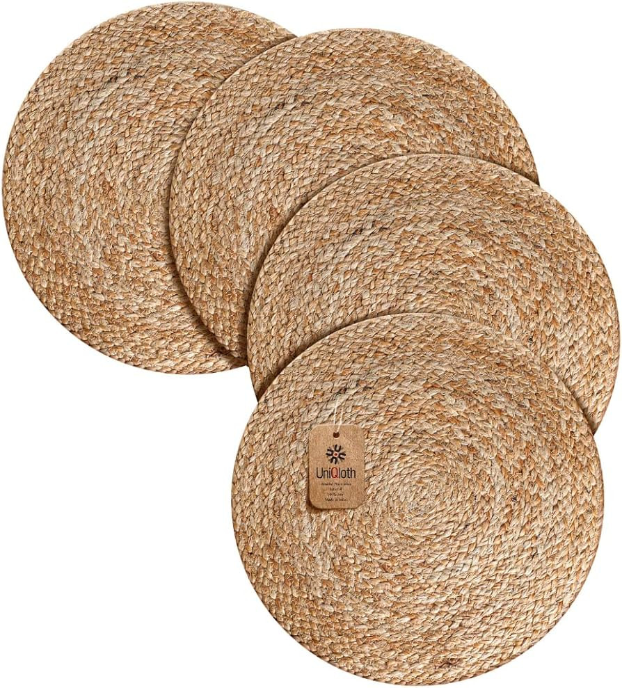 Jute Braided Placemats Set of 4 Reversible, 100% Jute, Nonslip 14 inch Round Farmhouse Vintage Ju... | Amazon (US)