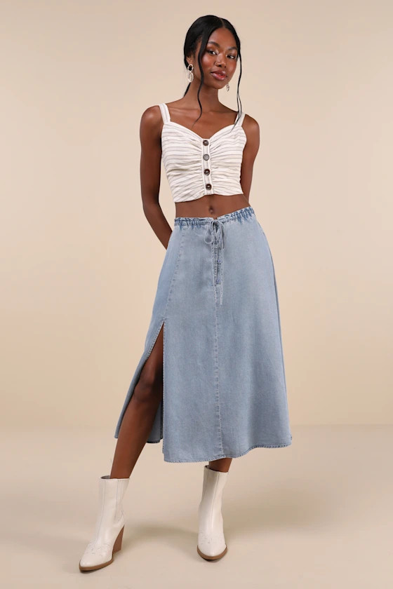 Adorably Achieved Light Wash Drawstring Chambray Midi Skirt | Lulus