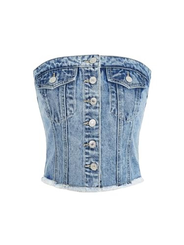 Verdusa Women's Button Front Raw Hem Sleeveless Denim Top Strapless Crop Tube Top Light Wash X-Small | Amazon (US)