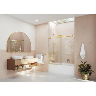 56 in. W x 60 in. H Sliding Frameless Bath Tub Shower Door in Satin Brass Finish | The Home Depot