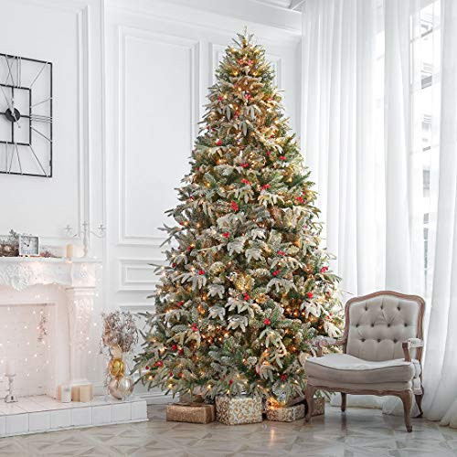 HOMAKER 9ft Flocked Christmas Tree with Lights, Prelit Christmas Tree with 1000 Lights, Hinged Artificial Xmas Tree with 2255 PVC PE Branch Tips, Pre-Decorated Holiday Tree with Red Berries Metal Base | Amazon (US)