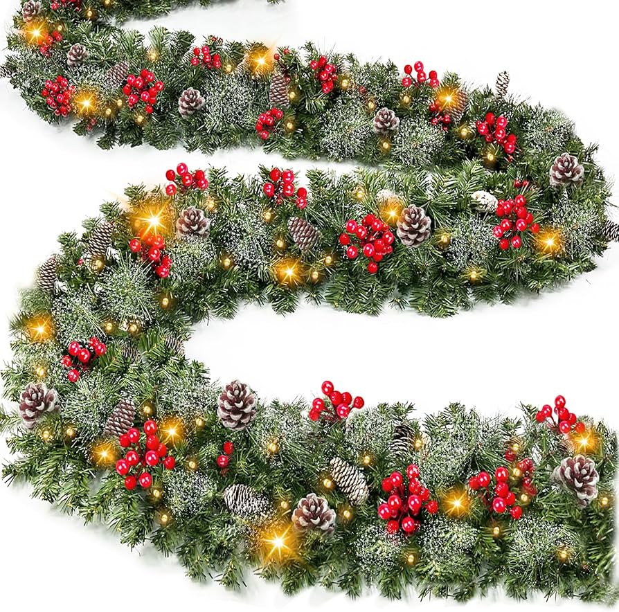 [ Timer & 8 Modes ] 9 Ft by 10 Inch 50 LED Prelit Christmas Garland Decorations Warm White Lights... | Amazon (US)