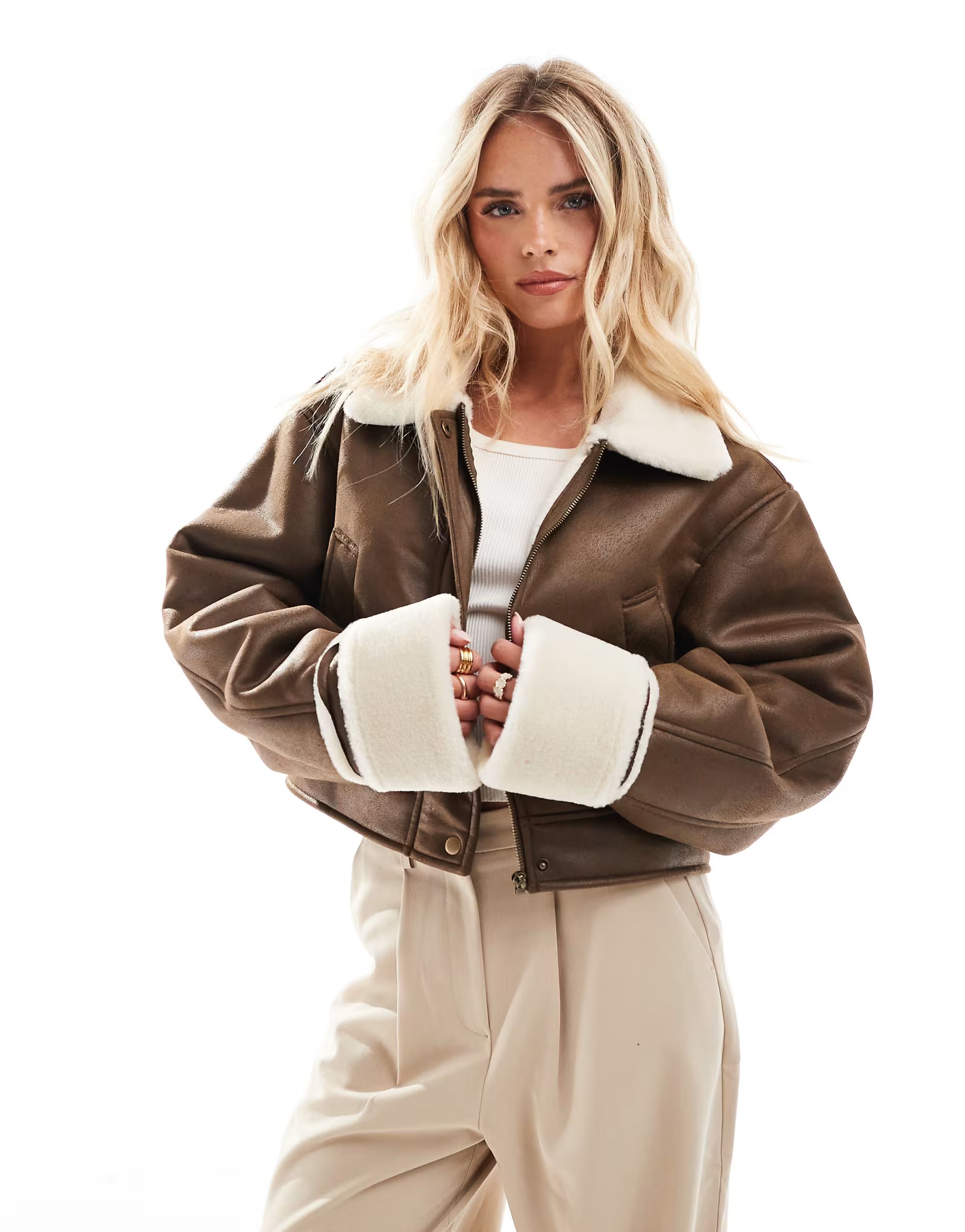 ASOS DESIGN top collar shearling jacket in hazelnut | ASOS (Global)