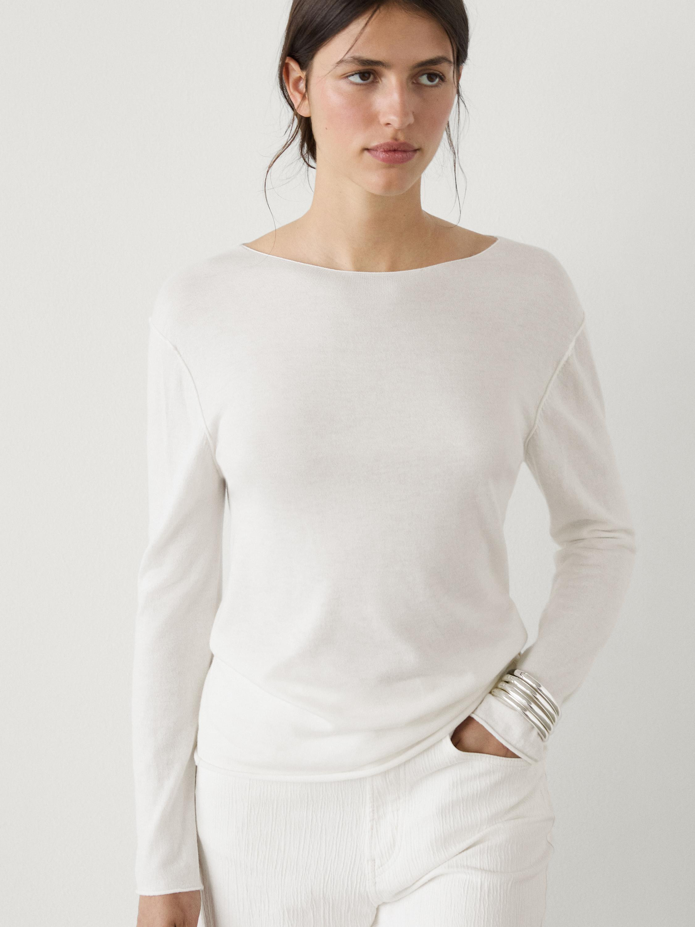 Wool blend knit sweater with boat neck | Massimo Dutti US