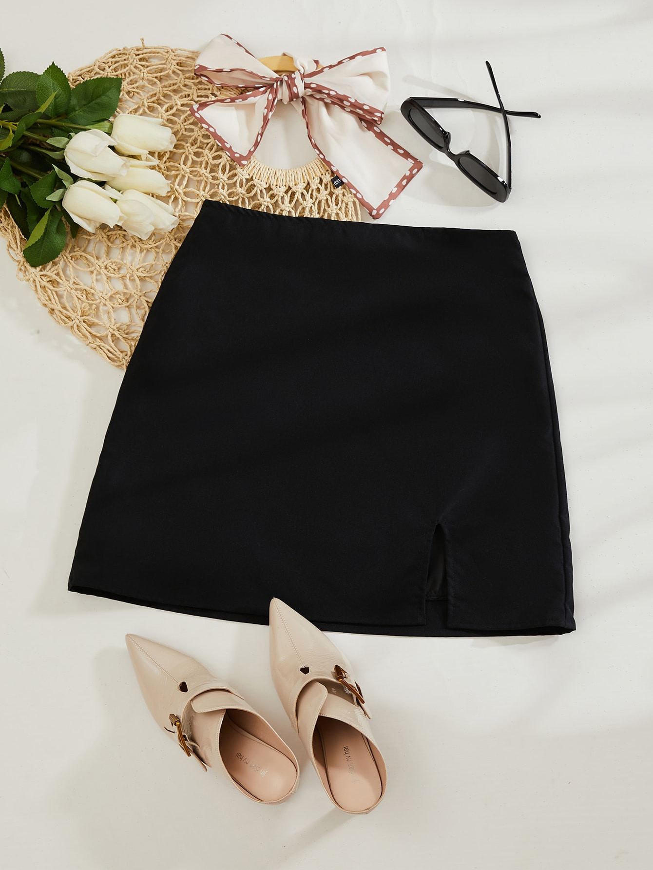 SHEIN Essnce Solid Split Hem Zipper Skirt | SHEIN