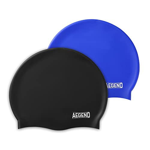 Aegend 2 Pack Kids Swim Cap for Girls Boys Age 3-8, Waterproof Swim Cap Durable Silicone Kids Swimming Cap for Long Hair, Black & Blue | Amazon (US)