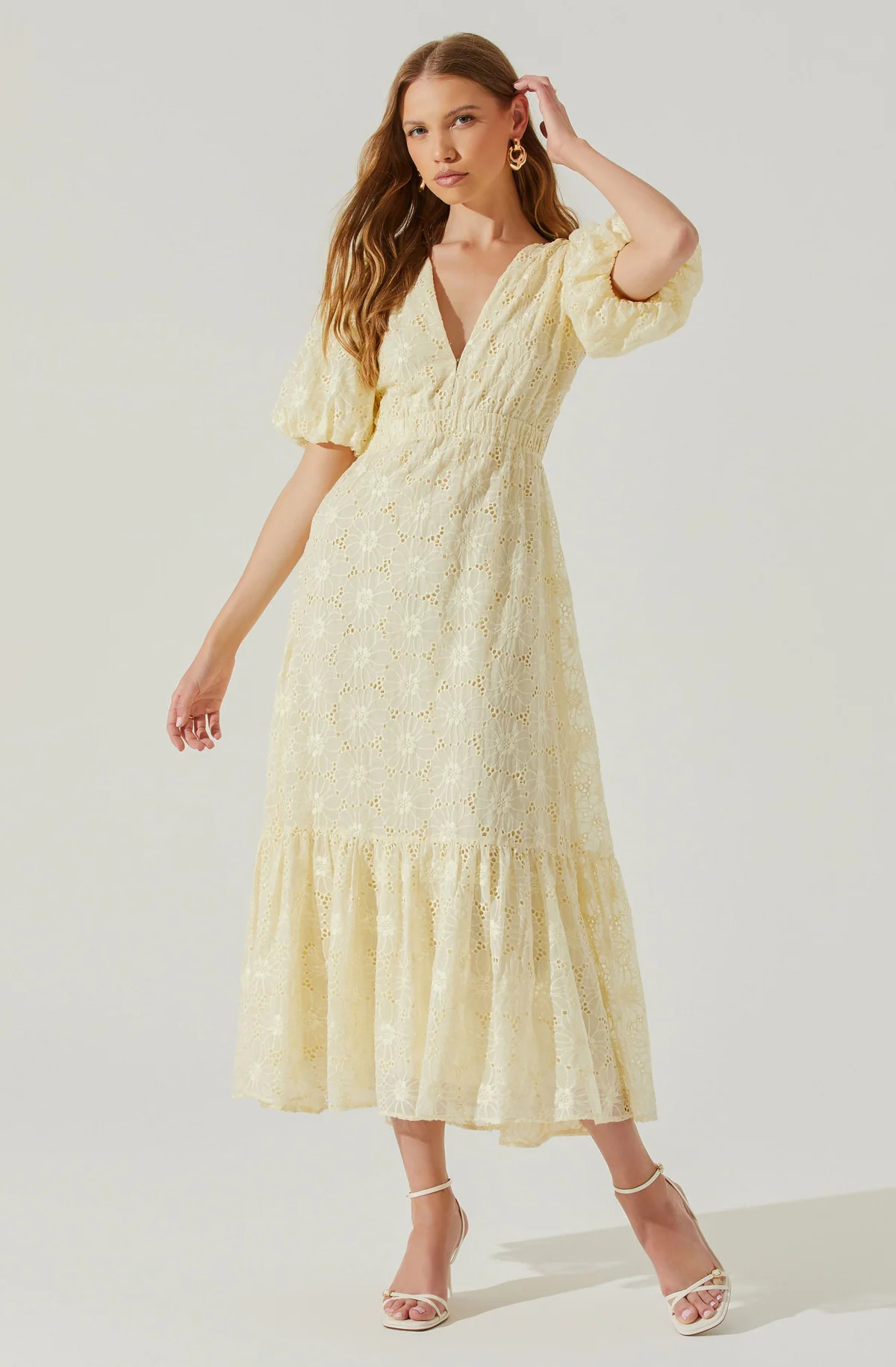 Jaxine Eyelet Puff Sleeve Open Back Midi Dress | ASTR The Label (US)