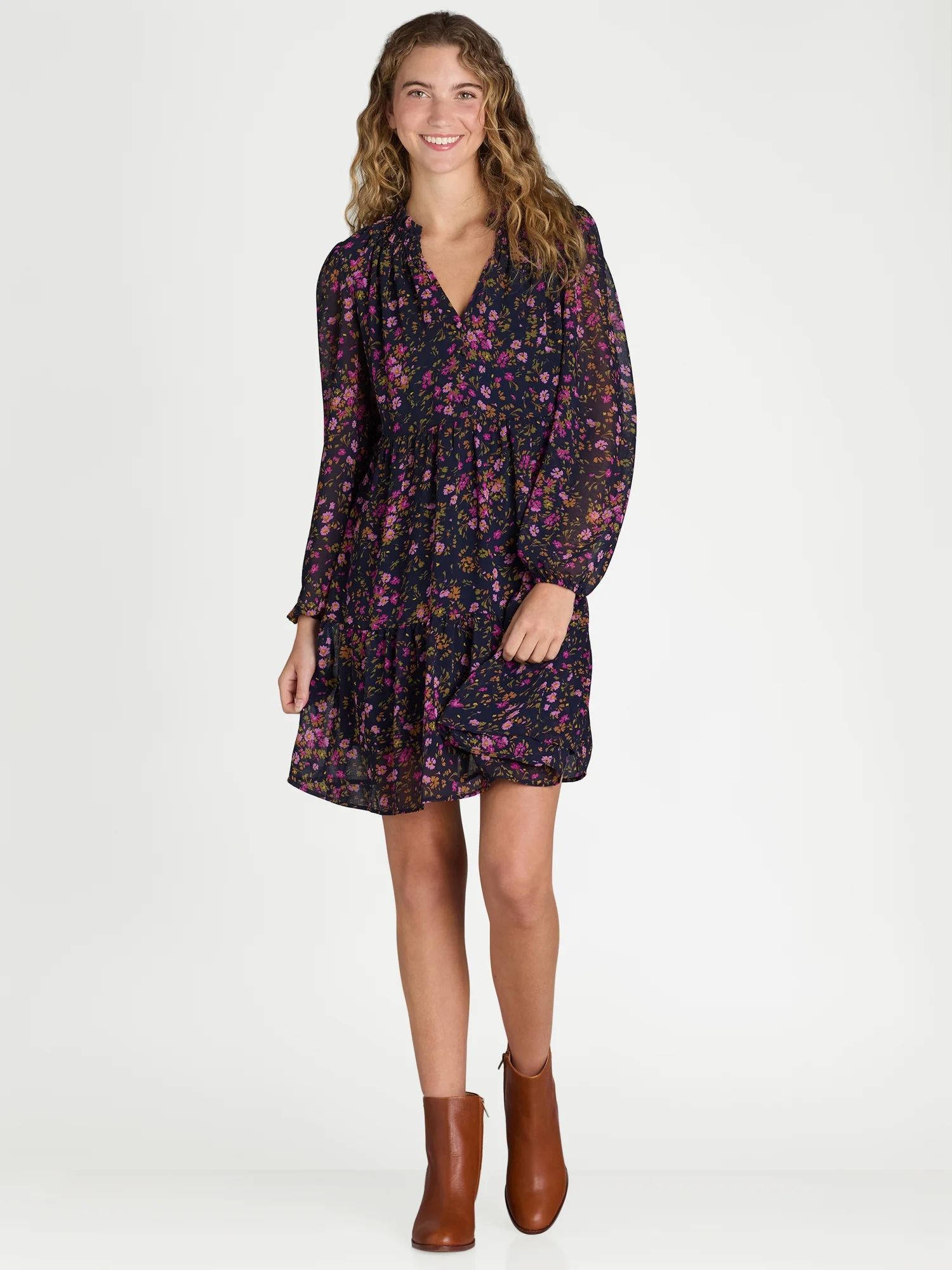 Time and Tru Ruffle Neck Mini Dress with Long-Sleeves, Women's and Women's Plus, Sizes XS-4X | Walmart (US)