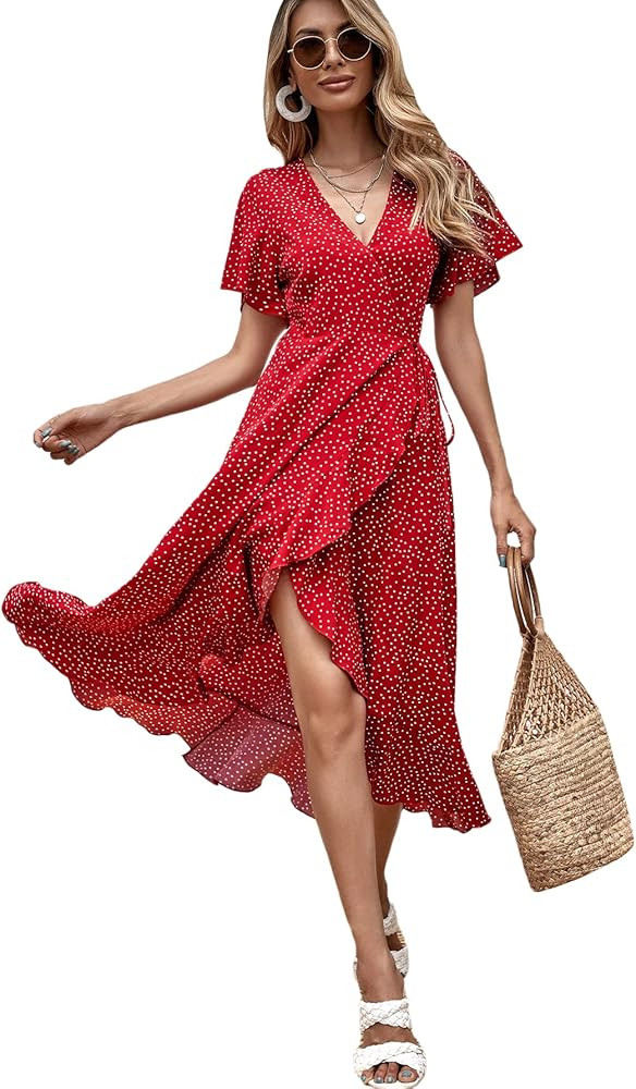 MakeMeChic Women's Polka Dot Short Sleeve V Neck Wrap Ruffle Hem A Line Long Dress | Amazon (US)